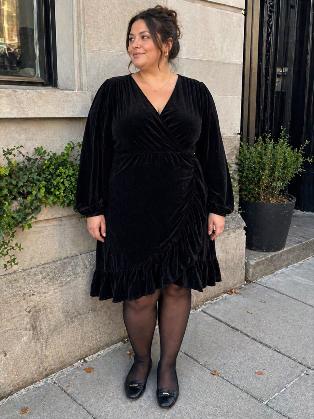 GAP Velvet Wrap Dress XXL Black Long Sleeve Ruffle Hem Waist Tie Plus Size